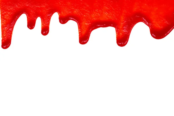 Ketchup Vermelho Gotejamento Fundo Branco Close — Fotografia de Stock