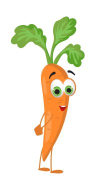 Beyaz arka planda gözleri olan komik havuç. Çizgi film komik sebze karakterleri düz vektör çizimi