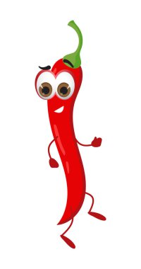 Beyaz arka planda gözleri olan komik Pepper Chilli. Çizgi film komik sebze karakterleri düz vektör çizimi