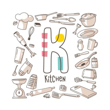 K harfi - Mutfak, karalama stili şirin alfabe serisi, vektör illüstrasyonu