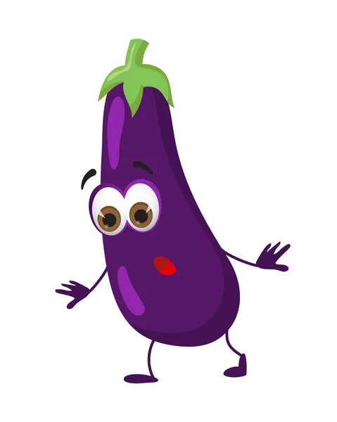 Grappige Aubergine Met Ogen Witte Achtergrond Cartoon Grappige Groenten Karakters — Stockvector