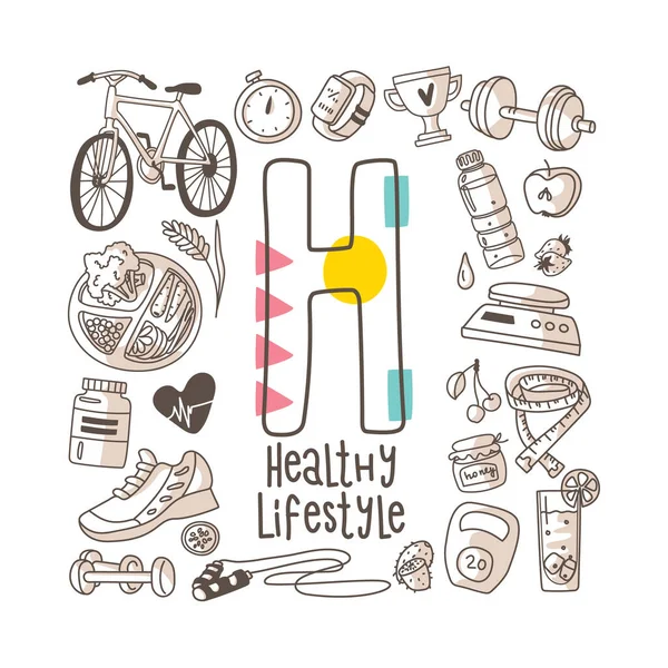 Letter Healthy Lifestyle Cute Alphabet Series Doodle Style Vector Illustration — 스톡 벡터