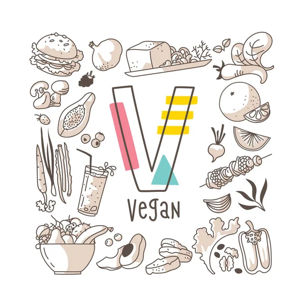 Carta Vegan Série Alfabeto Bonito Estilo Doodle Ilustração Vetorial — Vetor de Stock