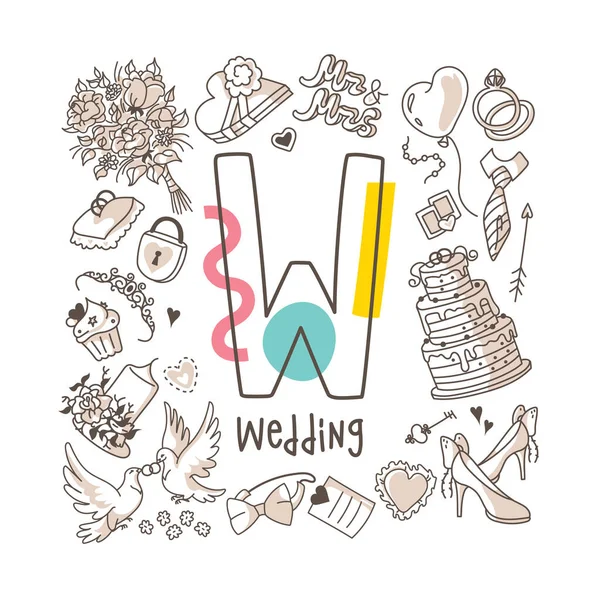 Letter Wedding Cute Alphabet Series Doodle Style Vector Illustration — Stock Vector