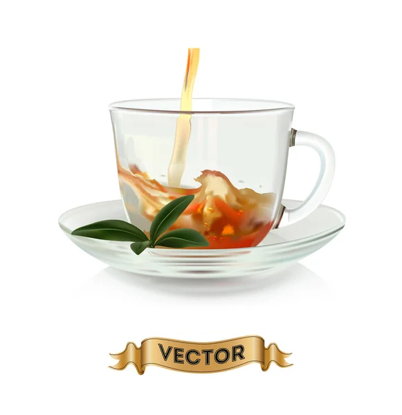 Чашки Чая Зелеными Листьями Белом Фоне Реалистичная Векторная Иллюстрация — стоковый вектор