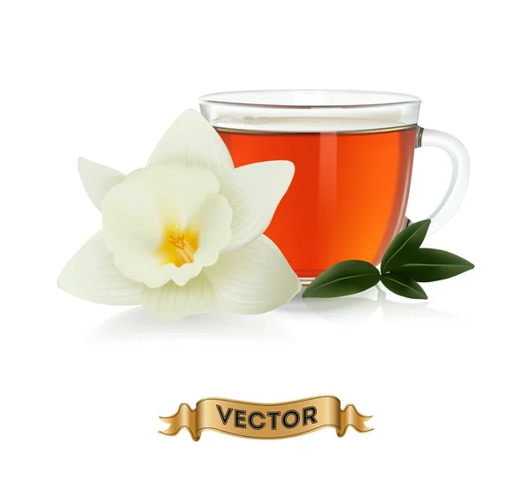 Kupa Tea Zöld Levelek Fehér Háttér Reális Vektor Illusztráció — Stock Vector