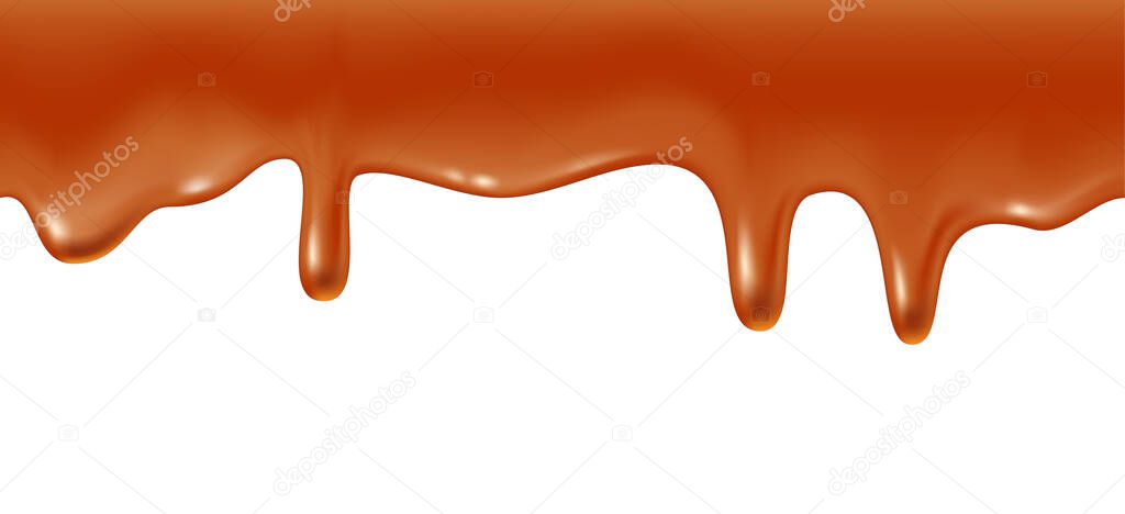 Melted caramel dripping, realistic vector illustration on white background