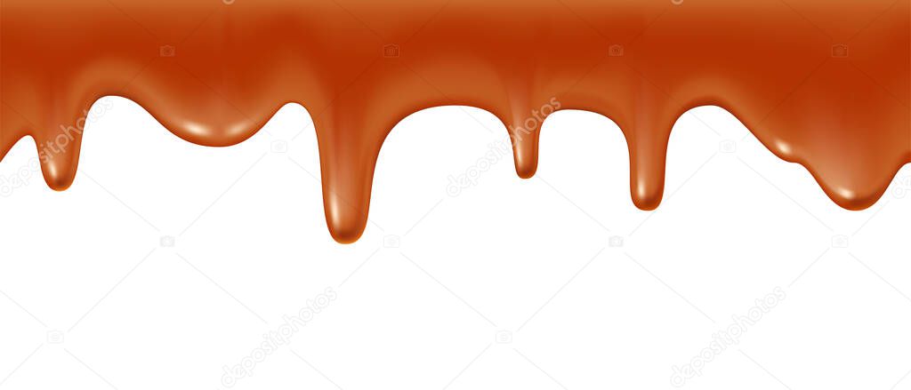Melted caramel dripping, realistic vector illustration on white background