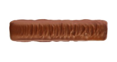 Çikolata çubuğu üst görünümü beyaz arkaplanda izole edilmiş.