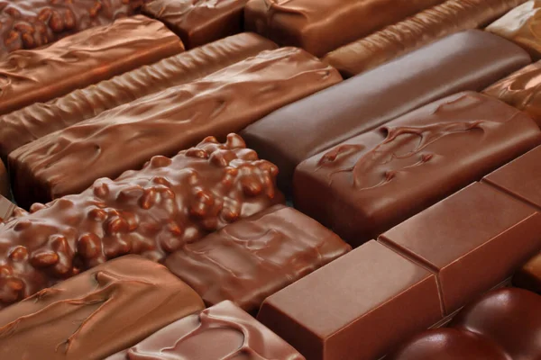 Diferentes Tipos Barras Chocolate Fundo Close — Fotografia de Stock