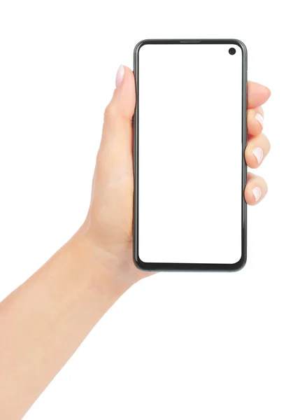 Hand Hålla Modern Smart Phone Isolerad Vit Bakgrund Närbild — Stockfoto