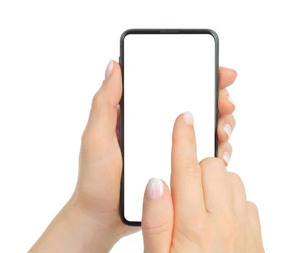 Hand Touching Screen Modern Smart Phone Isolated White Background Close — стоковое фото