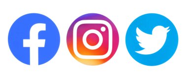 Kiev, Ukrayna - 14 Eylül 2020: Facebook, Instagram ve Twitter yuvarlak simgeleri beyaz kağıda basıldı