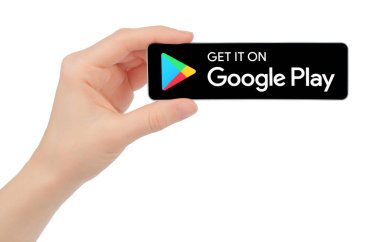 Kiev, Ukrayna - 17 Şubat 2021: Elle tutun Google siyah tuşuna basın, beyaz arka planda oynayın