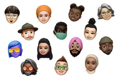 Kiev, Ukrayna - 27 Eylül 2021: Mesajlar ve FaceTime uygulamaları için iOS 14 Memoji seti, beyaz kağıda basıldı