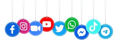 Kiev, Ukrayna - 27 Eylül 2021: İple asılı popüler yuvarlak kağıt uygulamaları: Facebook, Instagram, Twitter, Youtube, WhatsApp ve diğerleri