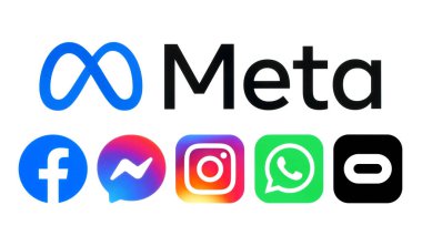 Kiev, Ukrayna - 29 Ekim 2021: Meta logosu ve ürünlerinin simgeleri: Facebook, Messenger, Instagram, WhatsApp ve Oculos, beyaz kağıda basıldı. Sosyal medya devi Facebook Meta olarak yeniden markalaşıyor