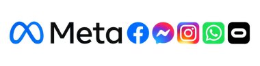 Kiev, Ukrayna - 29 Ekim 2021: Meta logosu ve ürünlerinin simgeleri: Facebook, Messenger, Instagram, WhatsApp ve Oculos, beyaz kağıda basıldı. Sosyal medya devi Facebook Meta olarak yeniden markalaşıyor
