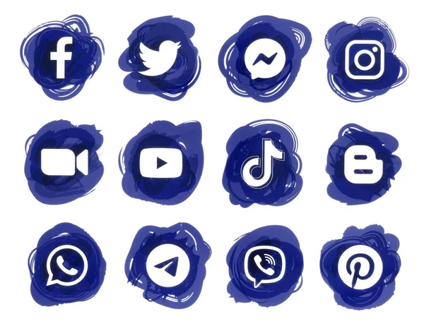 キエフ ウクライナ 2021年9月27日 人気のソーシャルメディア青インクは アイコンをドロップ 紙に印刷 Facebookの Twitterの Instagramの Tiktok — ストック写真