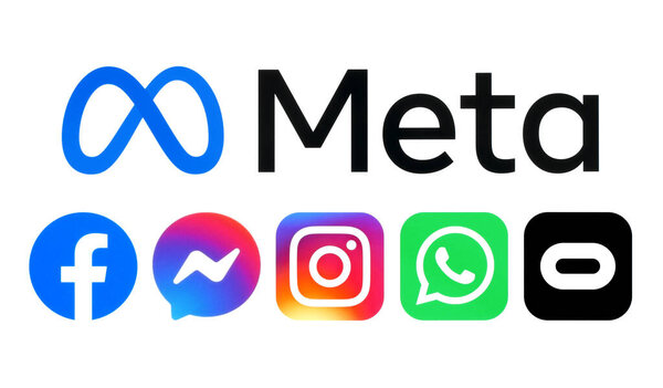 Kiev, Ukraine - October 29, 2021: Meta logo and icons of its products: Facebook, Messenger, Instagram, WhatsApp and Oculos, printed on white paper. Social media giant Facebook is rebranding as Meta
