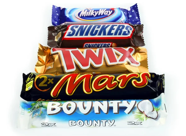 Kiev Ucrânia Dezembro 2021 Mars Bounty Twix Snickers Barras Chocolate — Fotografia de Stock