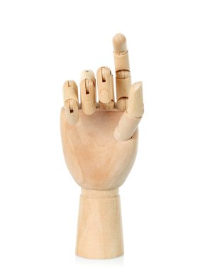 Beyaz arka planda tahta el, yakın plan.