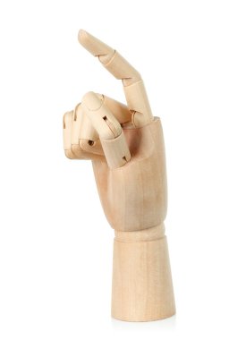 Beyaz arka planda tahta el, yakın plan.