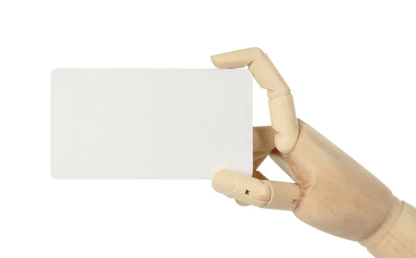 Mão Madeira Segura Cartão Visita Branco Fundo Branco Close — Fotografia de Stock