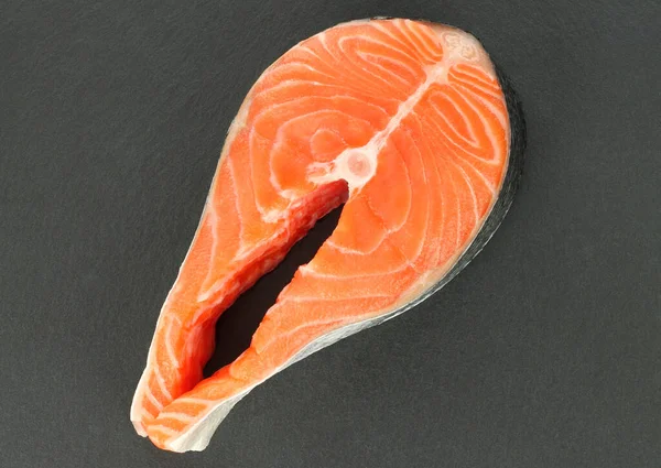 Fresh Raw Salmon Fish Steak Black Stone Background Close — Stock Photo, Image