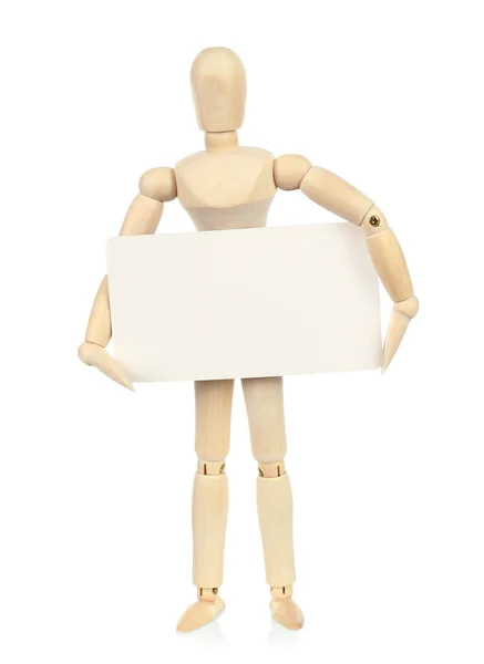 Wooden Manikin Holds Blank Business Card White Background Close — Stock Photo, Image