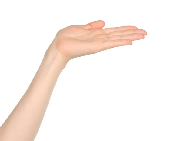 Kobieta Ręka Pokazuje Wirtualne Gospodarstwa Coś Białym Tle Zbliżenie — Zdjęcie stockowe
