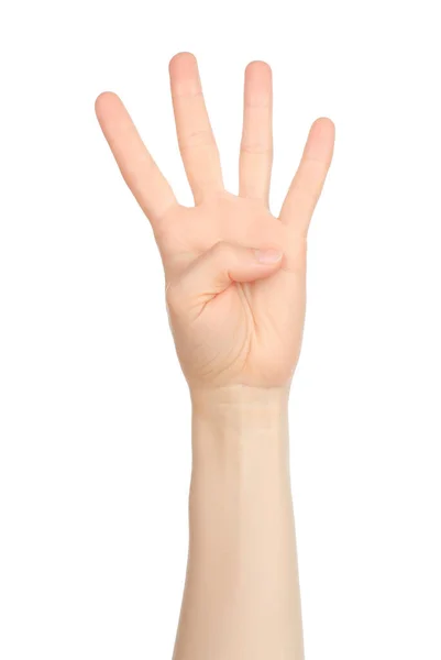 Woman Hand Shows Finger Counting White Background Close — Stock Photo, Image