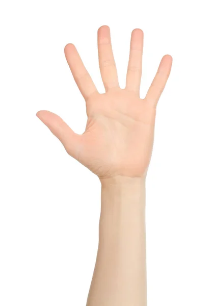 Vrouw Hand Toont Vinger Tellen Witte Achtergrond Close — Stockfoto