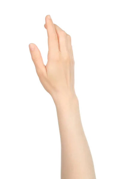 Woman Hand Shows Virtual Touching White Background Close — Stock Photo, Image