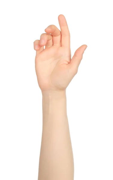Vrouw Hand Toont Virtuele Aanraken Witte Achtergrond Close — Stockfoto
