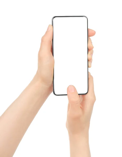 Hand Hålla Modern Smart Phone Isolerad Vit Bakgrund Närbild — Stockfoto