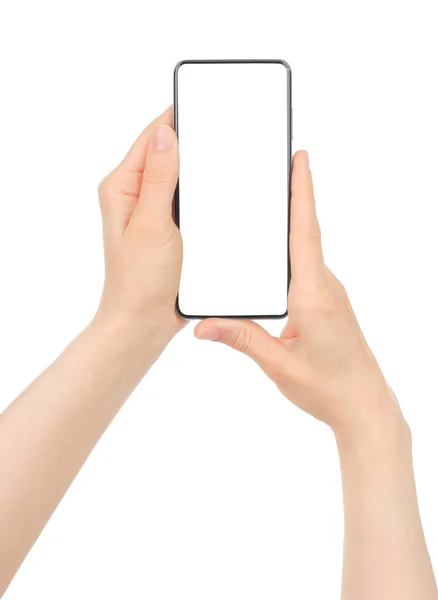 Ręczne Trzymanie Nowoczesnego Smartfona Izolowane Białym Tle Zbliżenie — Zdjęcie stockowe