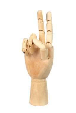 Wooden Hand victory shows finger-counting, on white background close-up