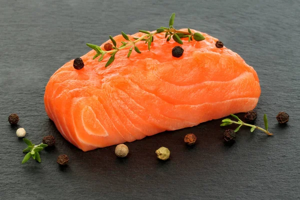 Fresh Raw Salmon Fish Steak Spices Black Background Close —  Fotos de Stock
