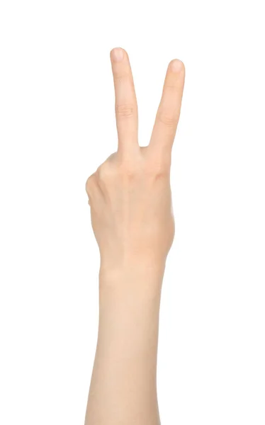 Kvinna Hand Visar Finger Räkning Vit Bakgrund Närbild — Stockfoto