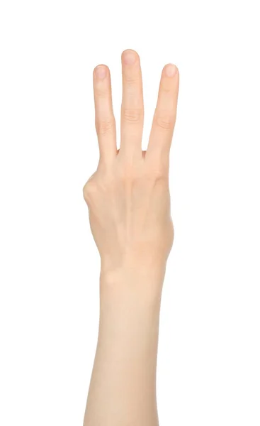 Woman Hand Shows Finger Counting White Background Close — Stock Photo, Image