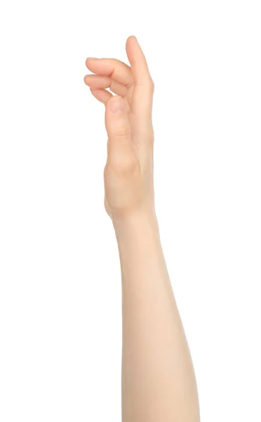 Frauenhand Zeigt Virtuelle Berührung Auf Weißem Hintergrund Nahaufnahme — Stockfoto