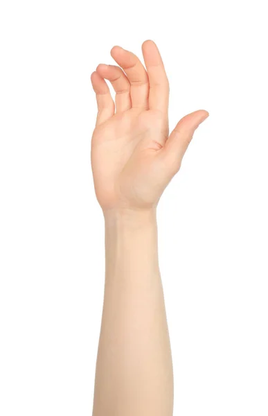 Woman Hand Shows Virtual Touching White Background Close — Stock Photo, Image