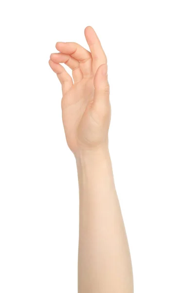 Vrouw Hand Toont Virtuele Aanraken Witte Achtergrond Close — Stockfoto