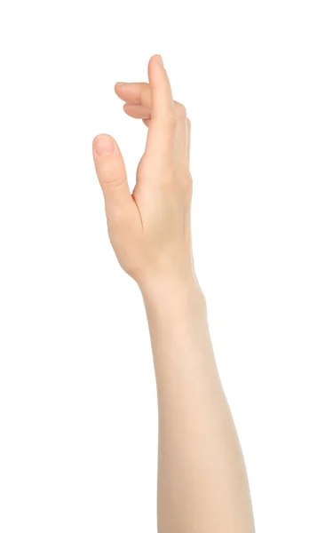 Γυναίκα Χέρι Δείχνει Εικονικό Άγγιγμα Λευκό Φόντο Γκρο Πλαν — Φωτογραφία Αρχείου