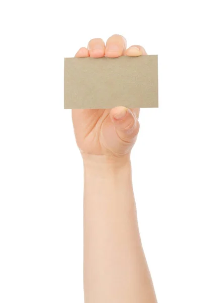 Hand Holds Blank Business Card White Background Close — Stock Photo, Image