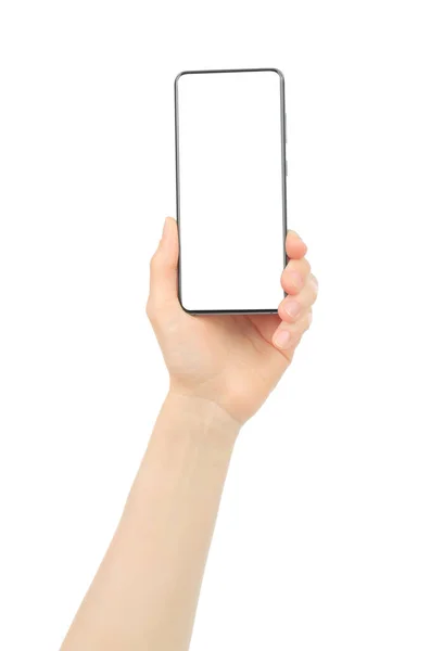 Mano Moderna Smart Phone Isolato Sfondo Bianco Primo Piano — Foto Stock