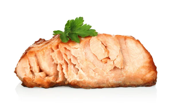 Bitted Fry Salmon Fish Steak Whith Green Scum White Background — стоковое фото