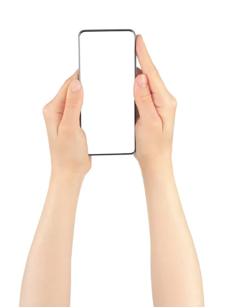 Руки Тримають Сучасний Смартфон Ізольовані Білому Тлі Крупним Планом — стокове фото