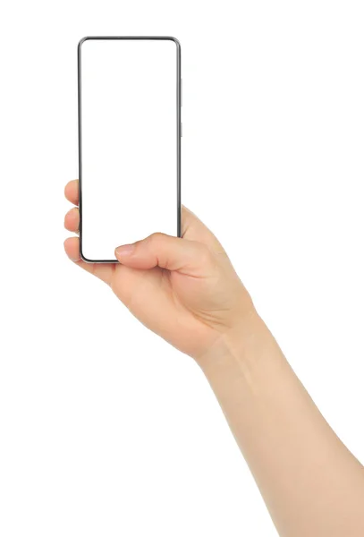 Hand Houden Van Moderne Smart Phone Geïsoleerd Witte Achtergrond Close — Stockfoto
